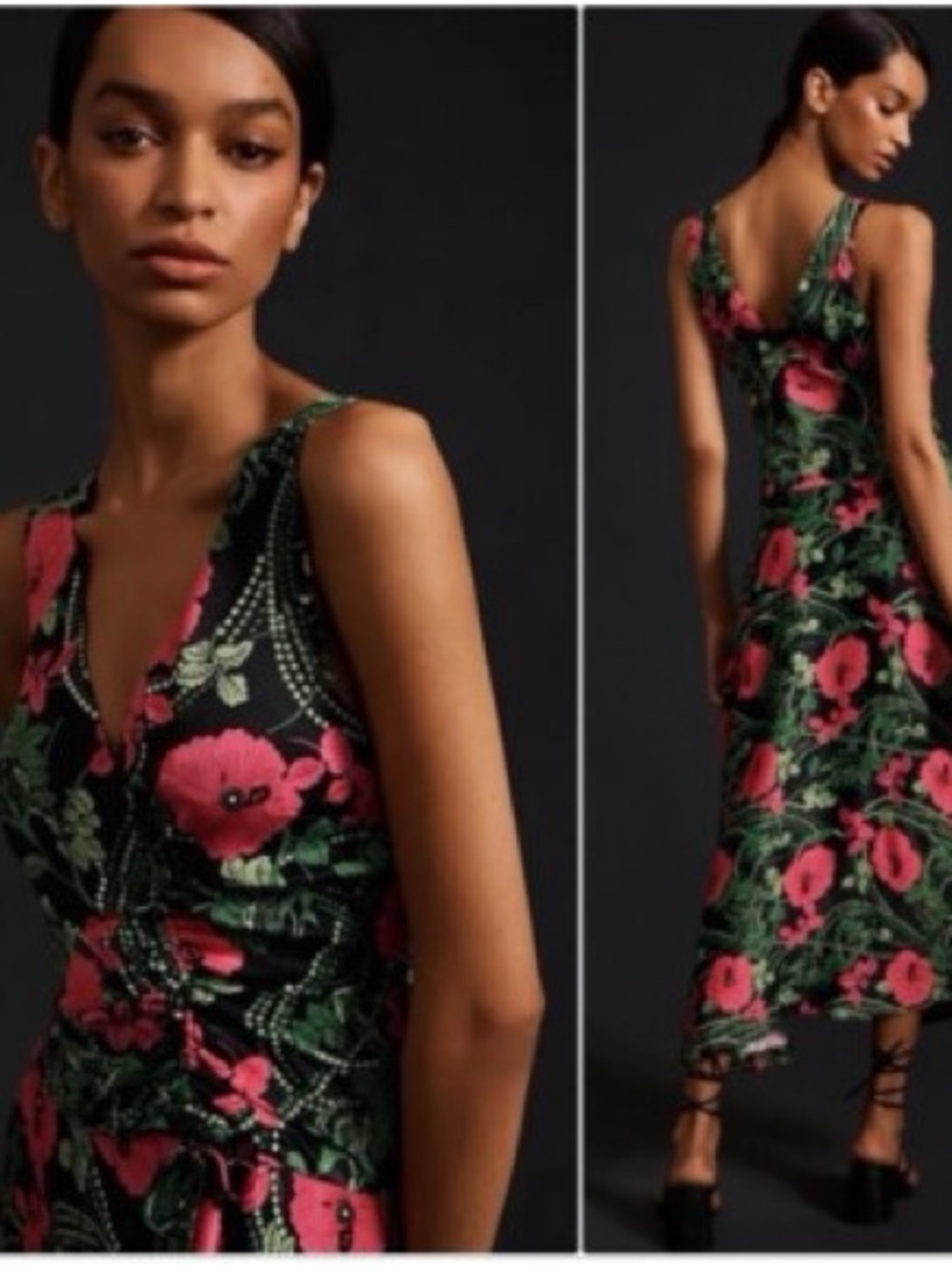 Anthropologie Black Midi Dress with Pink Floral Print